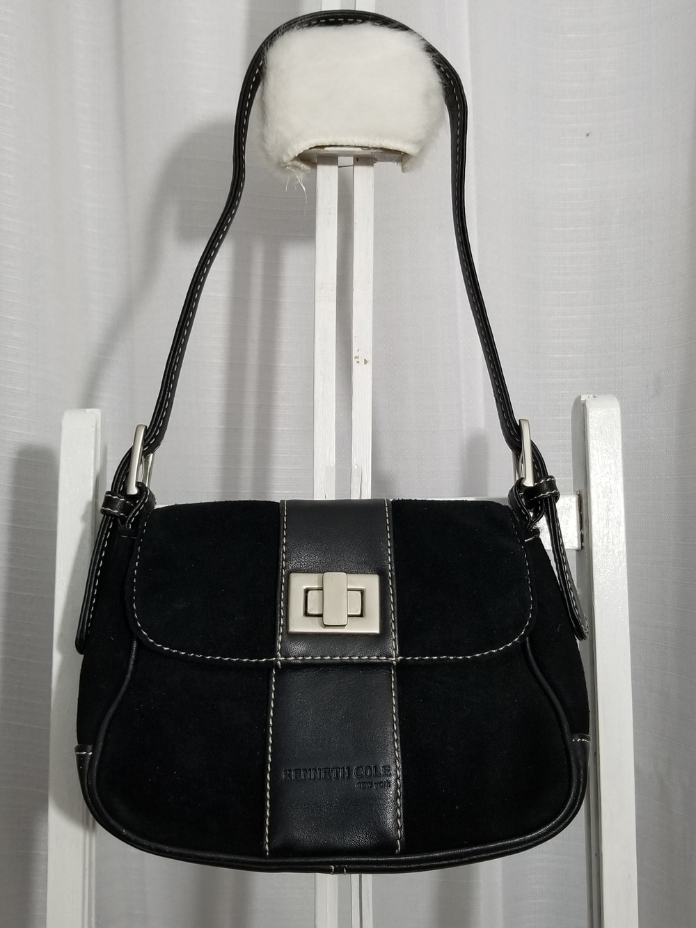Kenneth Cole Black Suede and Leather Shoulder Bag with Silver Hardware